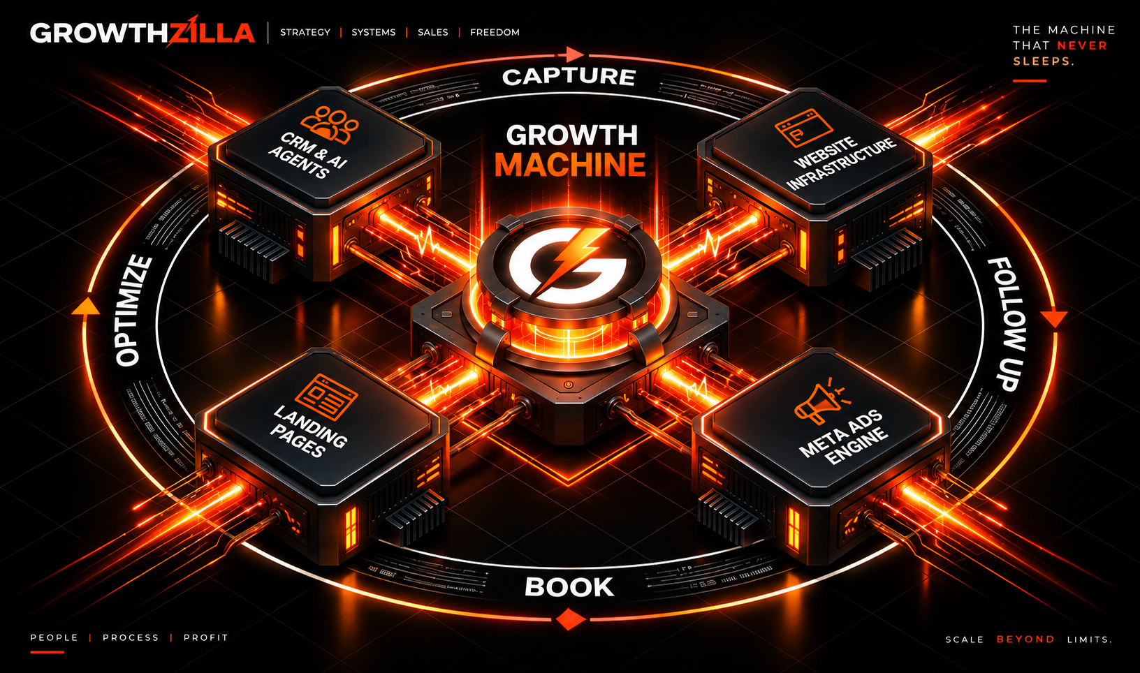 Growthzilla Growth Machine connecting landing pages, CRM and AI agents, website infrastructure, and Meta ads through capture, follow-up, booking, and optimization