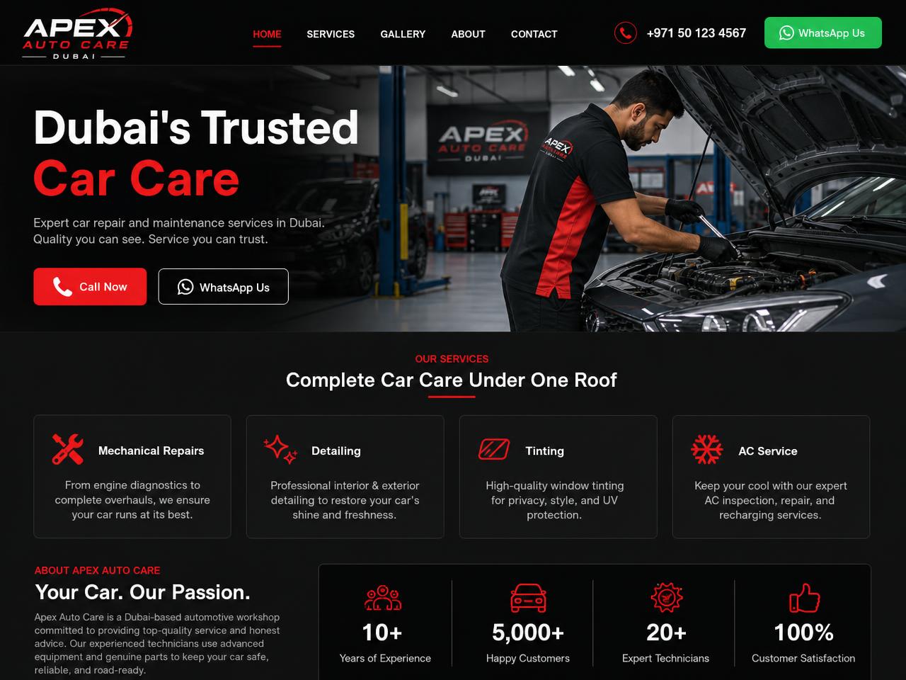Demo website for Apex Auto Care, a Dubai garage